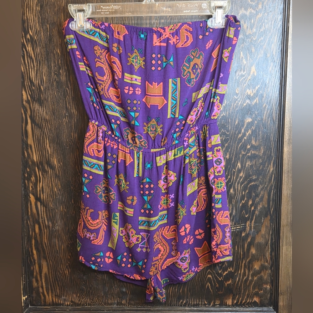 I Love H81 Wmn's Purple Printed Strapless One-Piece Romper Boho Aztec Geometric
